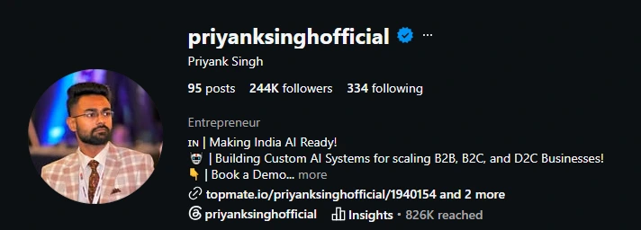 Instagram profile @priyanksinghofficial with 244K followers